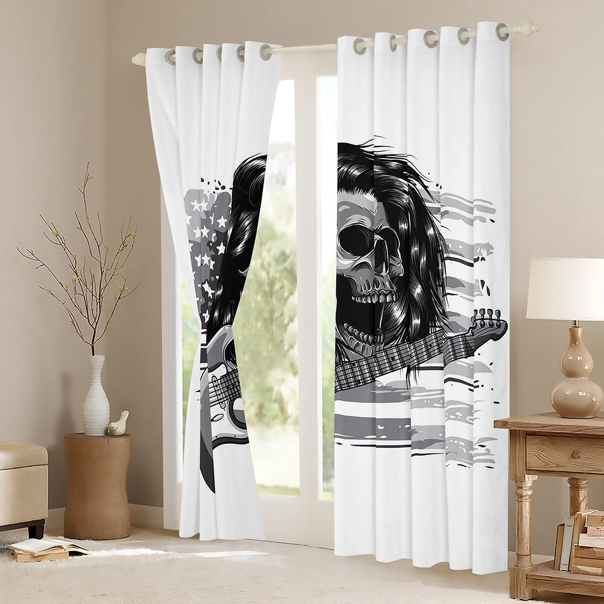 Tenda per chitarra per bambini per camera da letto Soggiorno Rock Musica Tenda finestra Bandiera americana Musicale Blackout Tenda (30-50%) Grigio Bianco Finestra Tende W66* L72