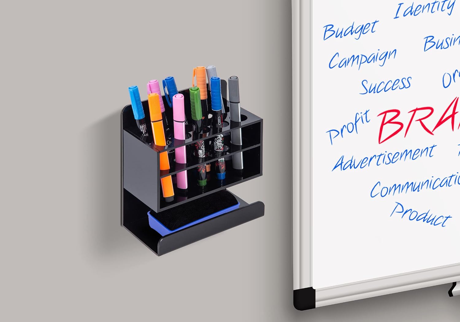 Wall Mounted Black Acrylic Marker Holder Whiteboard Dry Erase Marking Pen & Eraser Towels 2 Tiers 10 Slots Raised Edge Classroom Accessories Office Supplies Stationery Storage Organizer