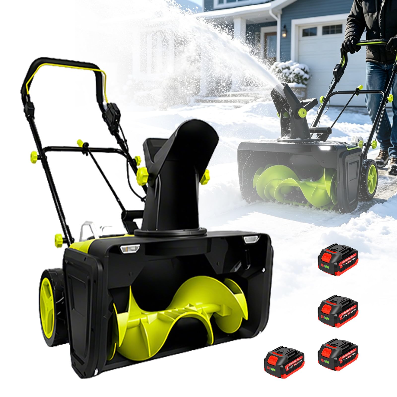 Garage e Passaggi Pedonali, Pala da Neve Elettrica 40V Senza Fili, Spazzaneve a Batteria con 3500W Motore Brushless, 50cm Larghezza Pulizia, Distanza Lancio 7,6m,luci LED 4Batteries
