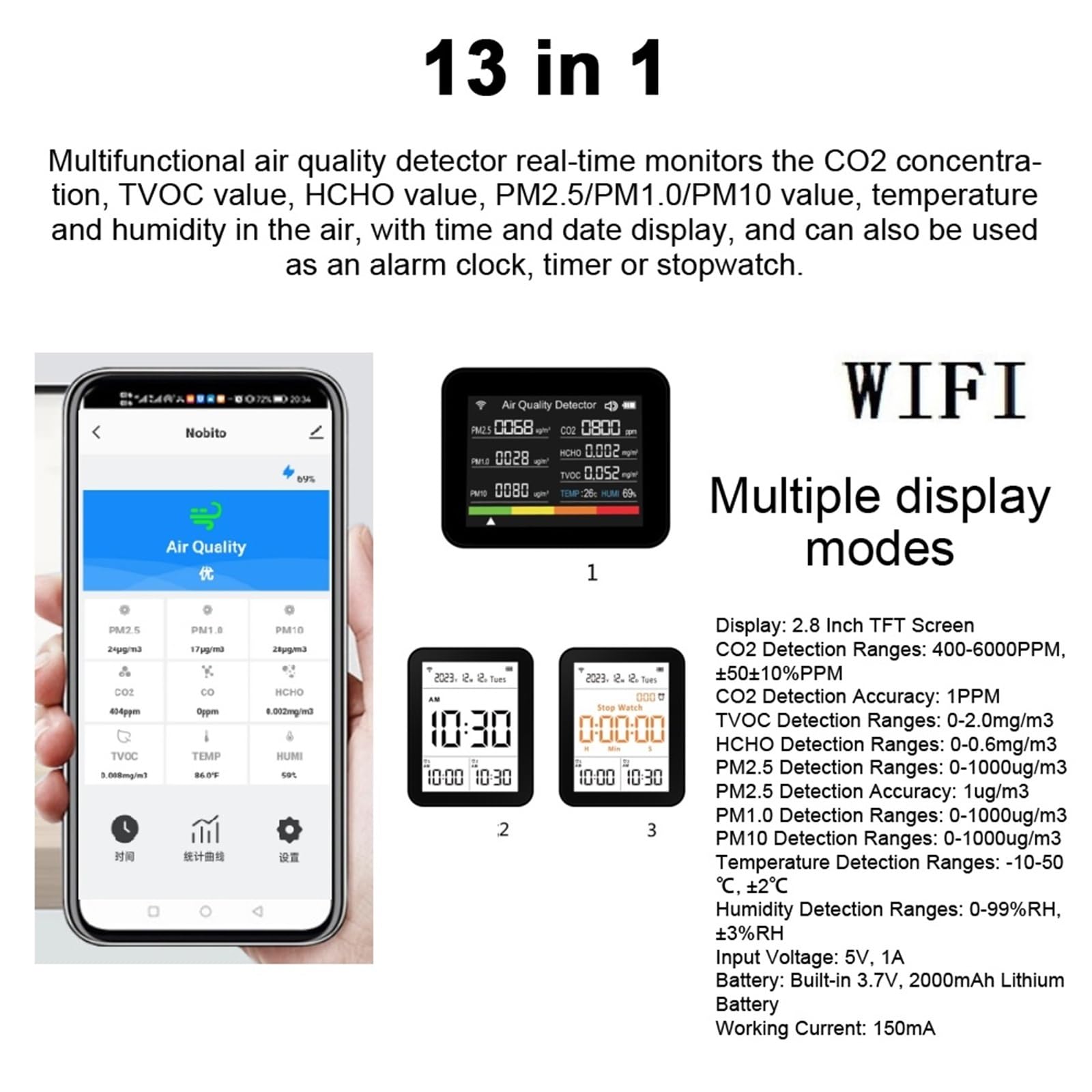 Detector de Gases, WiFi 13in1 Air Quality Tester CO2/TVOC/HCHO/PM2.5/PM1.0/PM10/Temperature/Time/Date/Alarm/Timer/Stopwatch CO2 Meter Tool,para el hogar(Black)