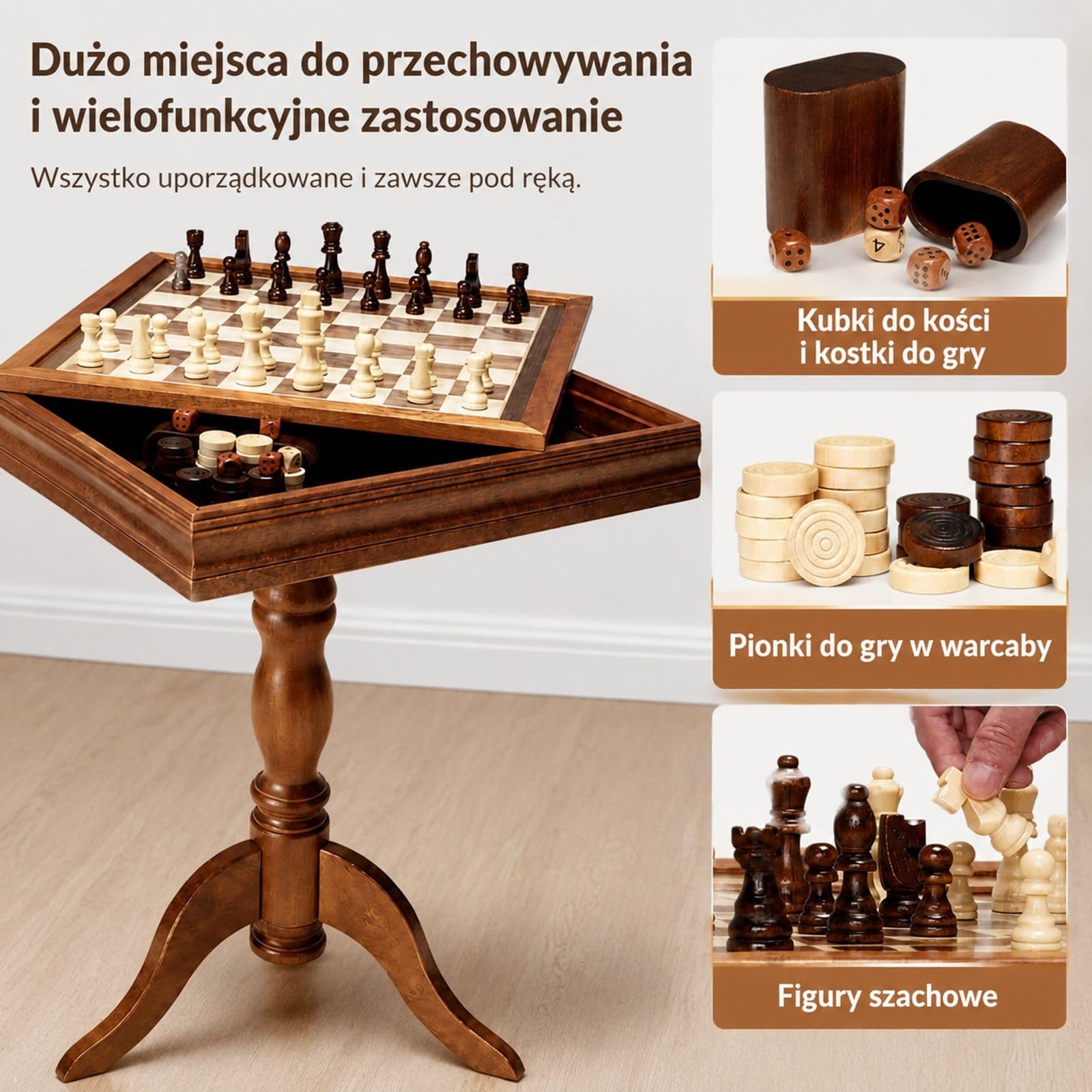 Drewniany zestaw szachowy z szachownicą i figurami, rama z drewna sapele, konstrukcja z miejscem do przechowywania na rodzinne gry, imprezy i podróże