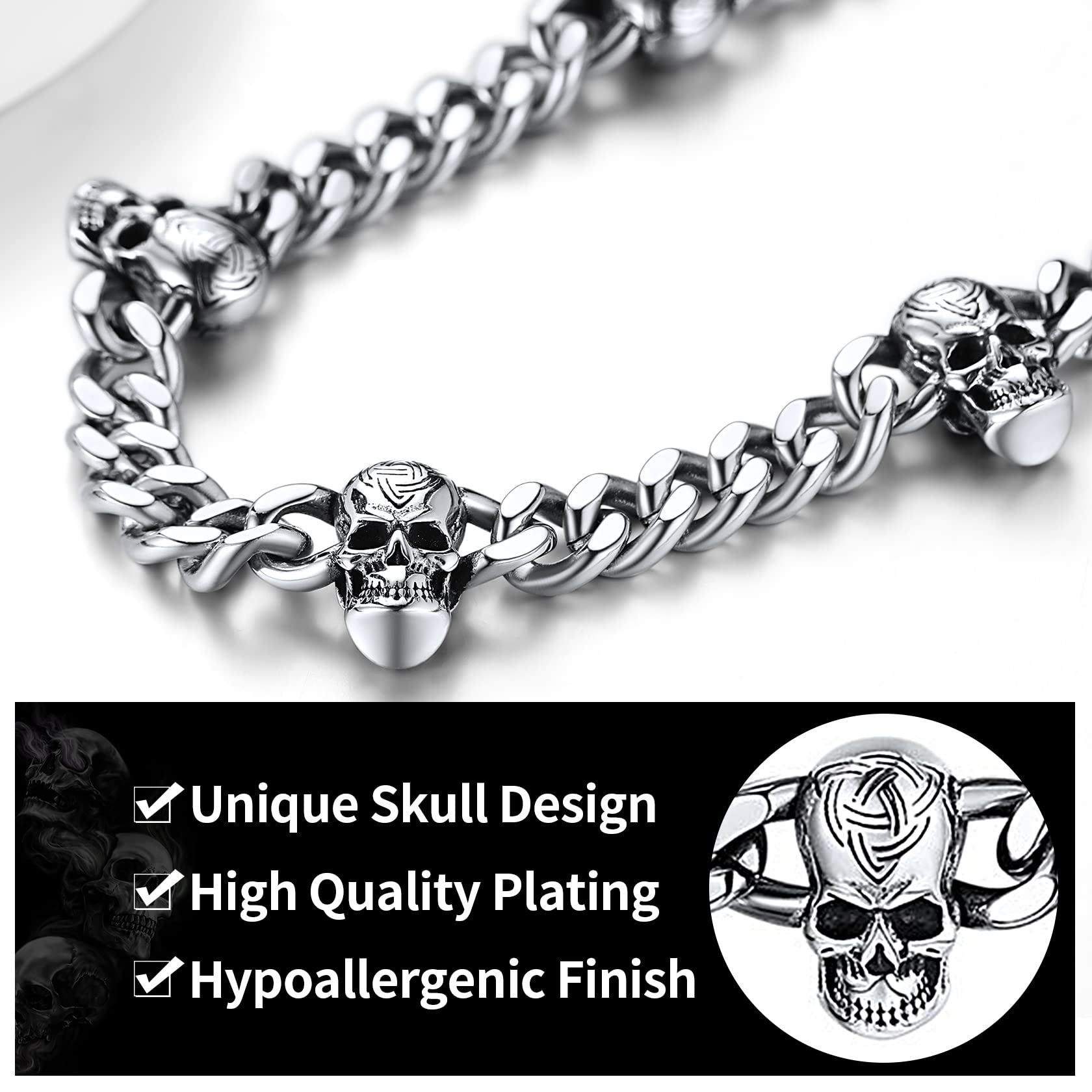 ChainsHouse Collana Catena Spessa da Uomo Metal Choker Collana Cubana Classcia con Spina Teschio StileTribale Punk Rock Gotico Larghezza 9mm Collana Corta Figo Hiphop Moda
