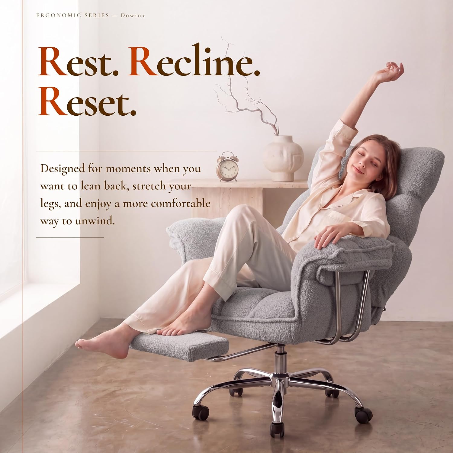 Dowinx Big and Tall Office Chair, Ergonomic Desk Chair with Thick Cushion, Wide Seat & Armrests Computer Gaming Chair,High Back Reclining Teddy Fleece Criss Cross Chair with Foot Rest, Gray thumbnail