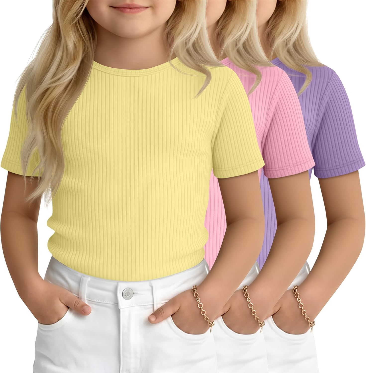 3 Pack Toddler Girls' Ribbed Shirts Short Sleeve Crew Neck T Shirts Knit Slim Fit Soft Solid Base Layer Tee 18M-5T