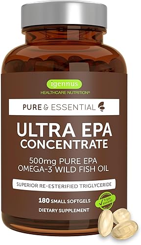 Igennus Ultra Pure Omega-3 EPA 500 mg, aceite de pescado silvestre altamente concentrado certificado IFOS, forma avanzada de triglicéridos rTG, sin