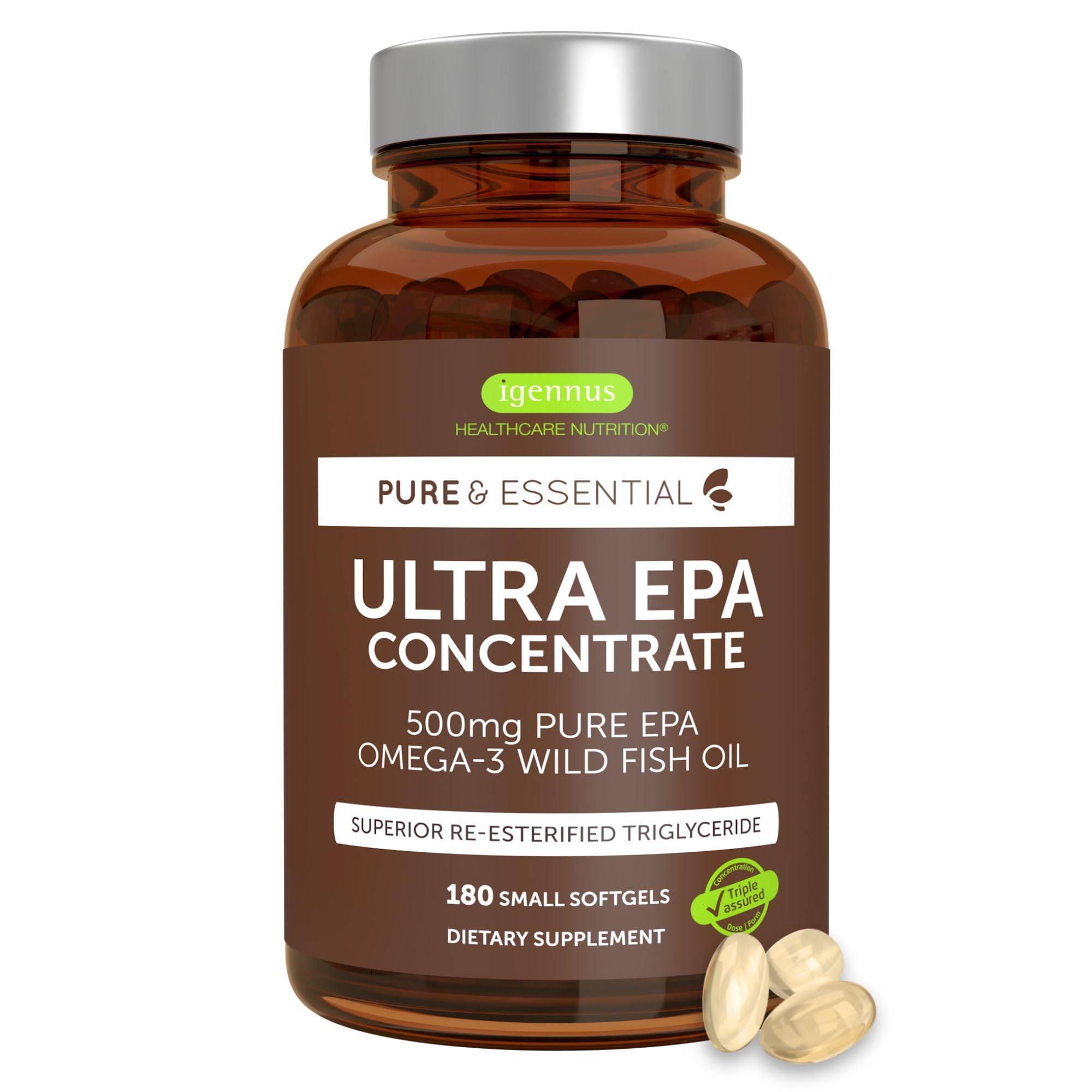 Igennus Ultra Pure Omega-3 EPA 500mg, Highly Concentrated IFOS Certified Wild Fish Oil, Advanced rTG Triglyceride Form, Non-GMO, 180 Small Softgels