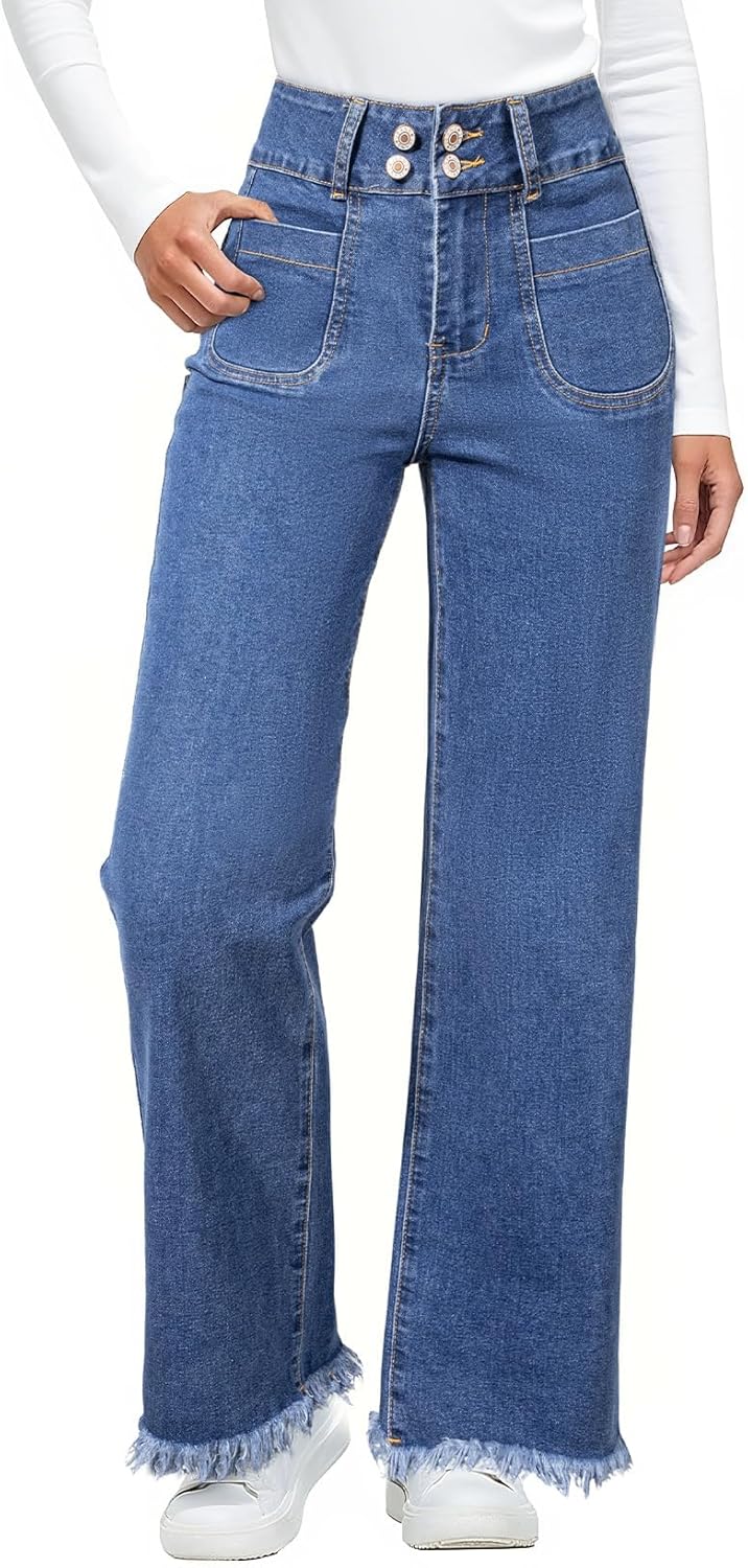 Astylish Womens Wide Leg Jeans High Waisted Double Button Stretchy Frayed Hem Straight Jean Loose Trendy Denim Pants