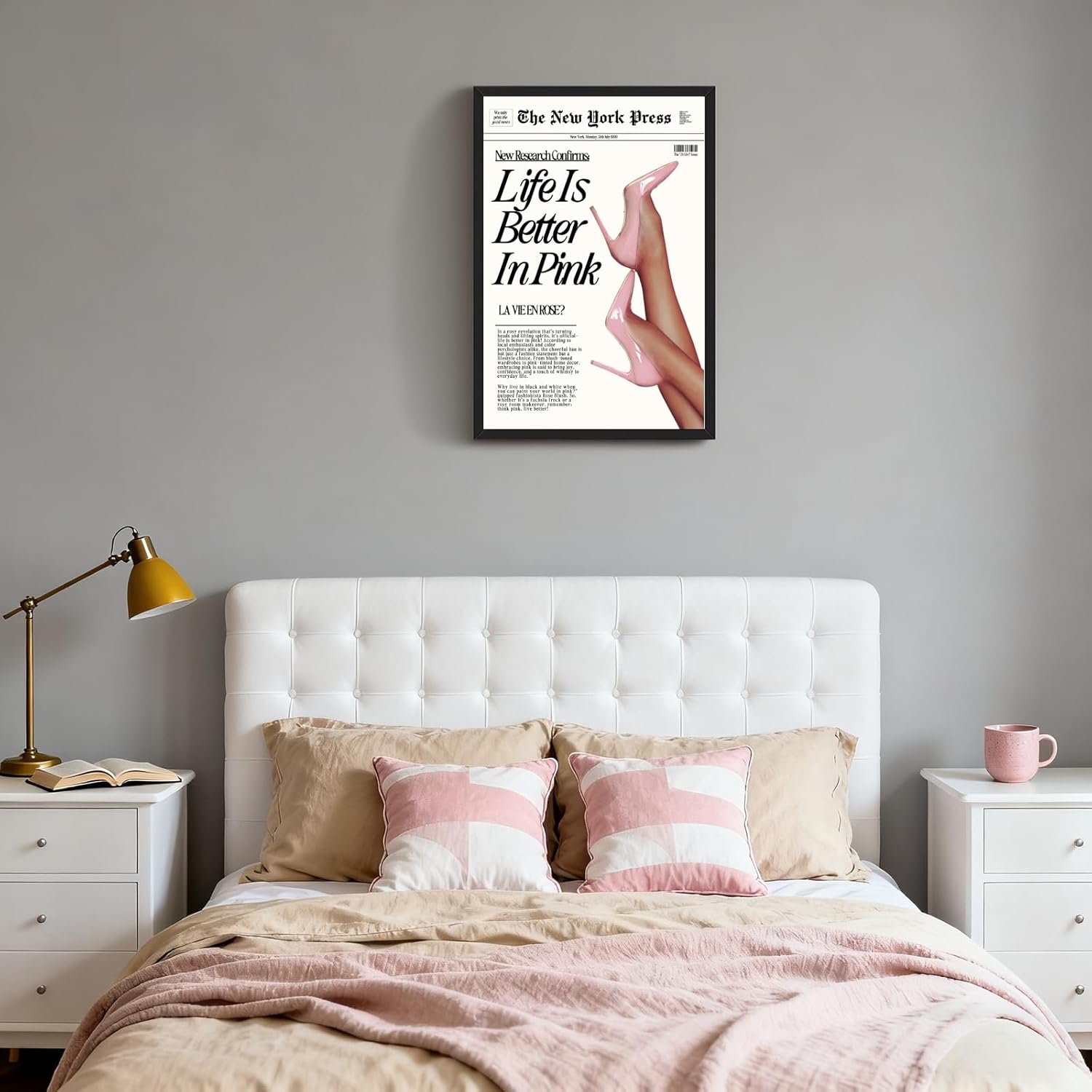 Balsuka Black Framed Trendy Pink Canvas Wall Art Life Is Better in Pink Quote Poster Fashion Newspaper Wall Decor Preppy Aesthetic Print Chic Hot Girl Painting for Girly Bedroom Office Dorm 16x24inch