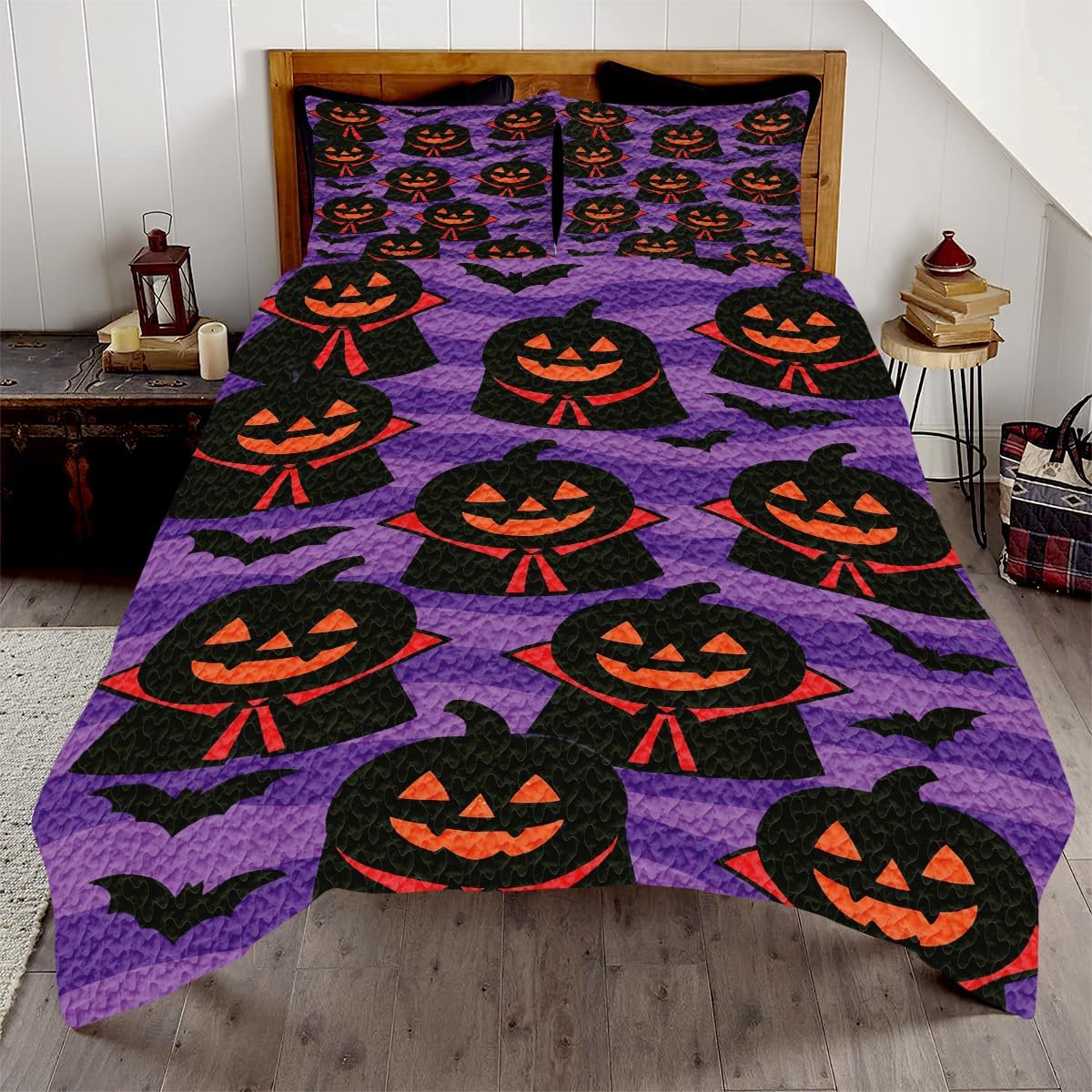 Personalized Halloween Quilt - Custom Spooky Theme Throw | Ultra-Soft Premium Quilted for Kids & Adults | Ghost, Pumpkin, Skeleton, Black Cat Design for Fall Decor (Halloween 08)
