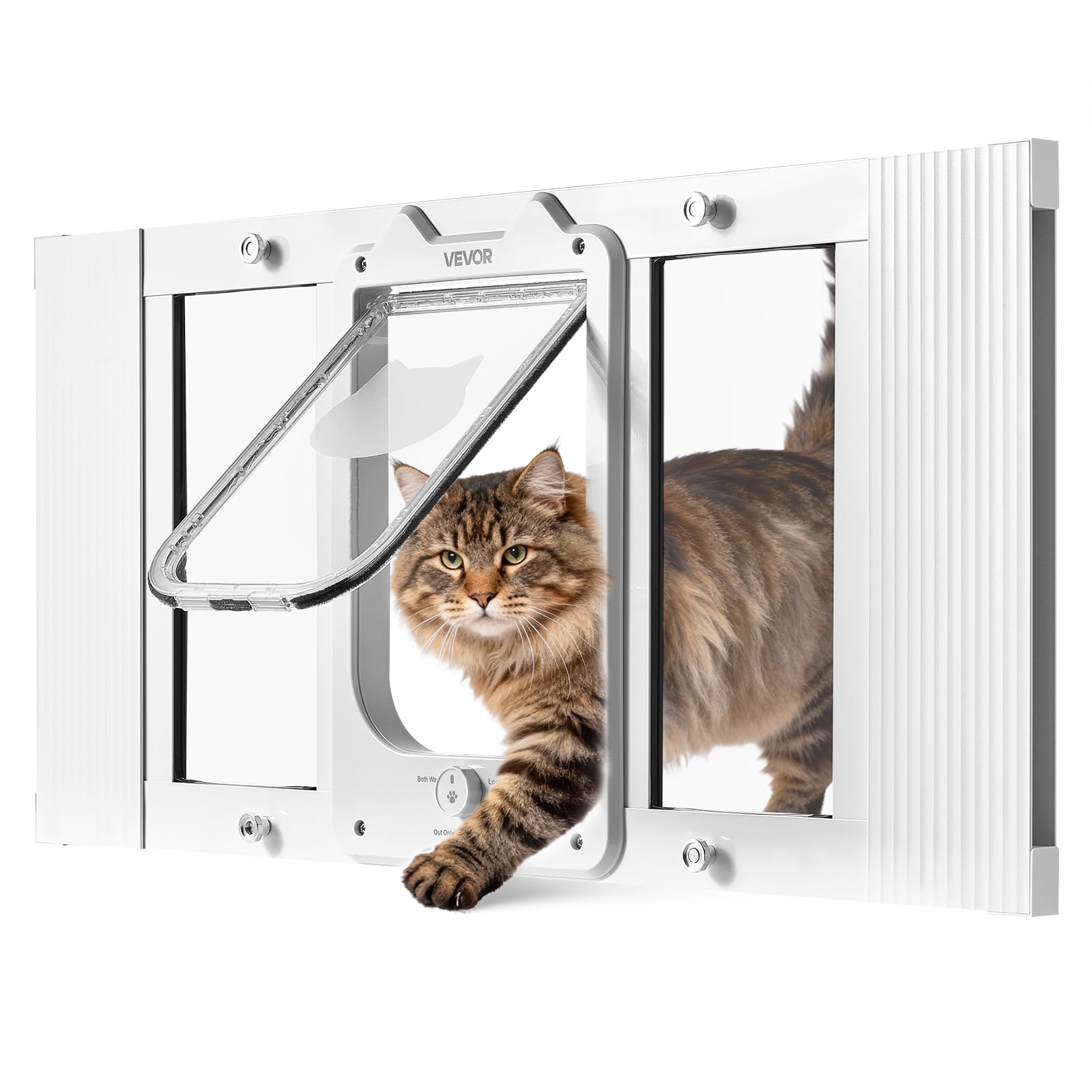 VEVOR Chatière Réglable pour Fenêtre 68,​6-​81,​3 cm Long, Porte pour Chat avec 4 Modes de Verrouillage Sécurisés, pour Animaux Maison, Cadre en Alu, Verre Haute Transparence, Fermeture Magnétique, Blanc