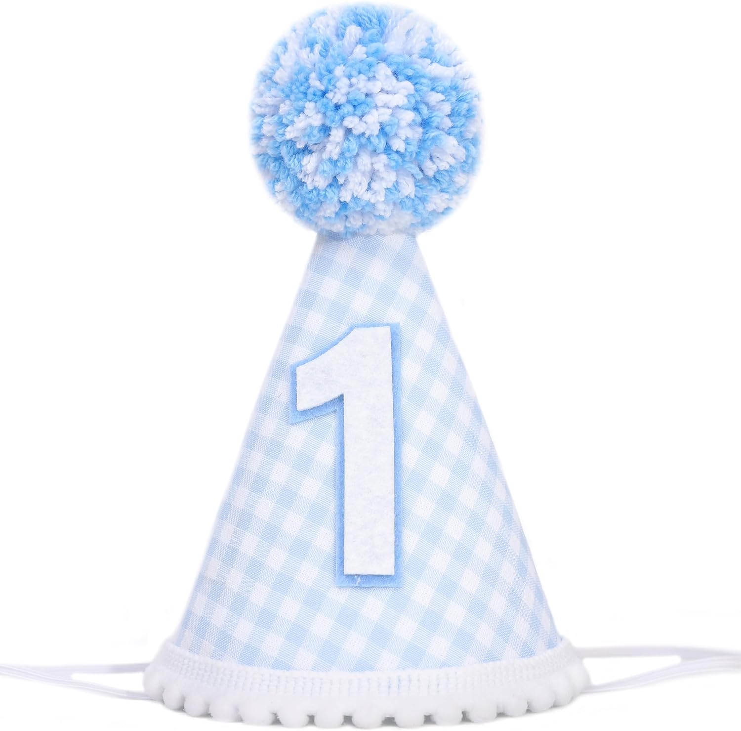 YOUAME Blue Gingham Party Hat - Boy 1st Birthday Party Hats, Baby Blue First Birthday Party Cone Hat, Boys Baby Shower Decorated Headwear, Cake Smash Outfit Props