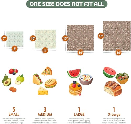 Miniatura 9 de Akeeko Envolturas reutilizables de cera de abejas – Surtido de 9 paquetes, reutilizables, sin plástico, almacenamiento de alimentos 5 pequeñas, 2