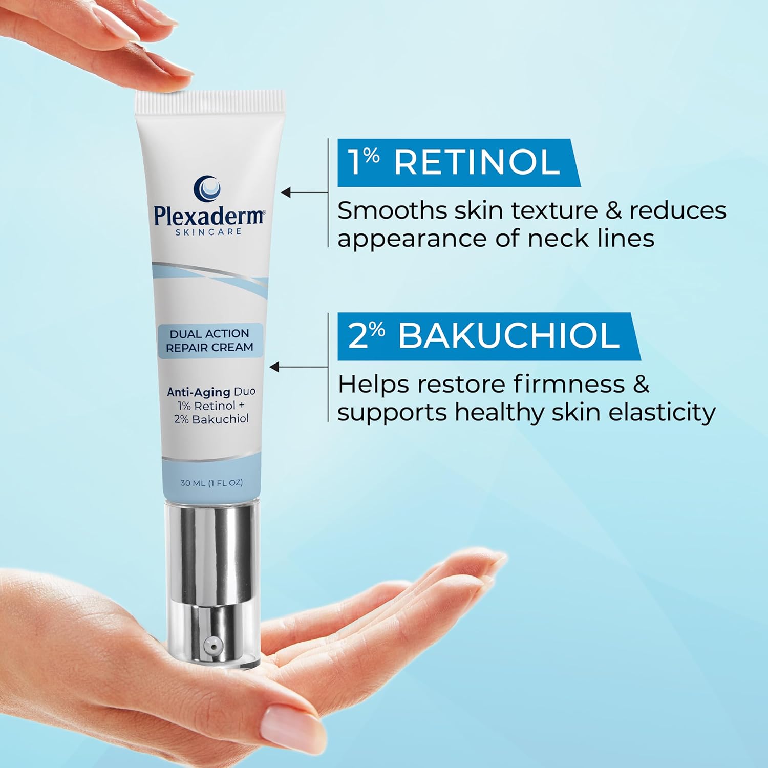 Plexaderm Dual Action Repair 1% Retinol Neck Cream. Anti Aging Cream with Retinol, Bakuchiol, and Hyaluronic Acid to Fight Wrinkles, Neck Lines and Crepey Skin, 1 fl. oz. - Image 3
