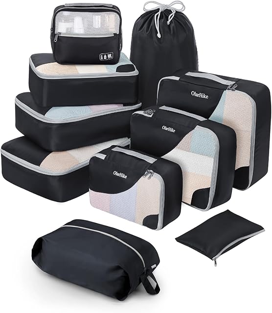 ALL INCLUDED 10 Set Durable Packing Cubes for Suitcases,OlarHike Travel Essentials,UPGRADED Anti-Tear Stitching, NEW Improved Luggage Packing Organizers for Travel Accessories(Black)
