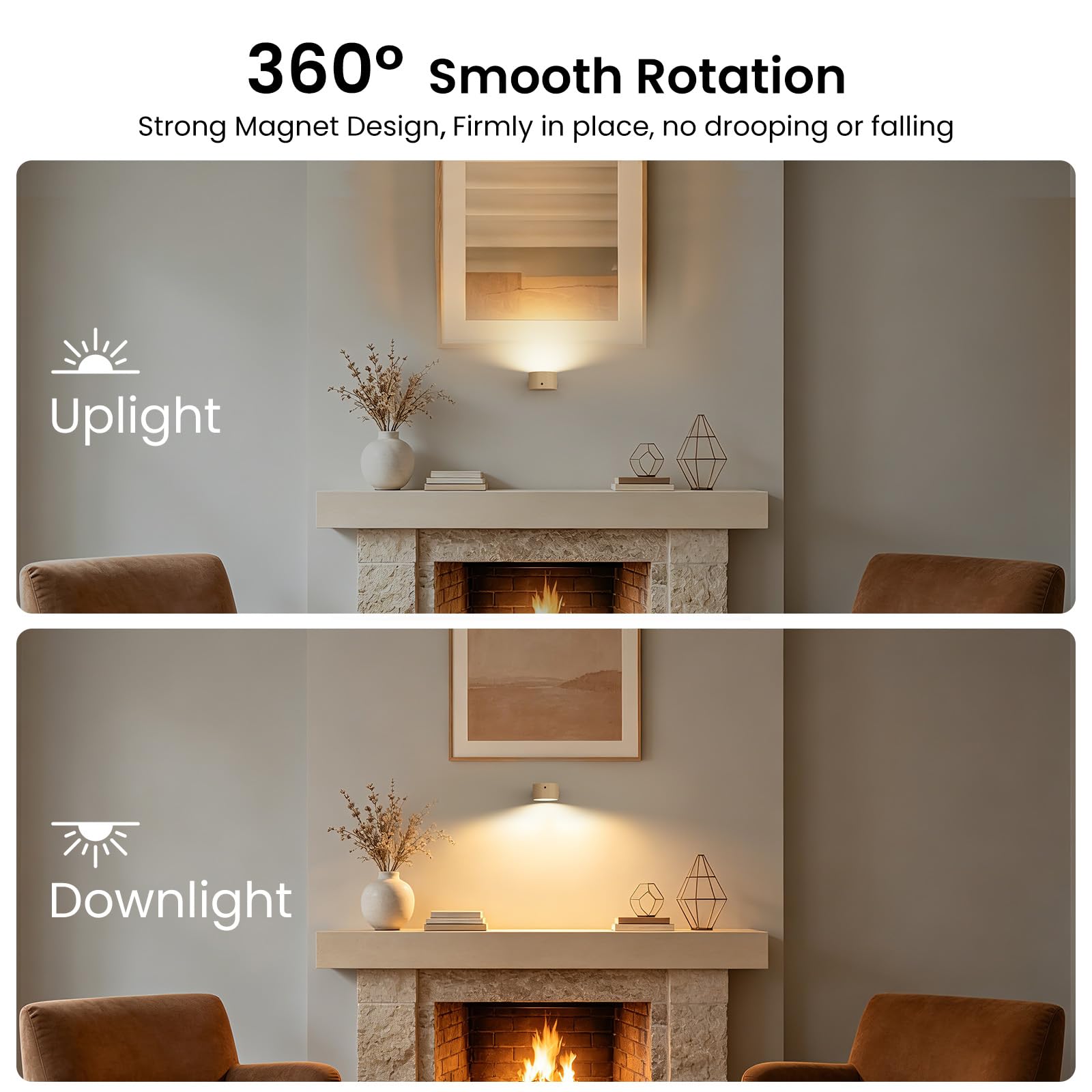 Koopala Apliques LED, lámparas de pared con puerto USB recargable que funciona con pilas, 3 temperaturas de color y 3 niveles de brillo, bola magnética giratoria de 360°, luces inalámbricas para leer