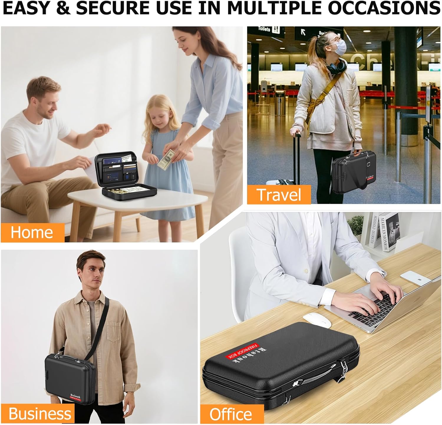 Fireproof Document Box with Lock & Shoulder Strap - Waterproof Hard-Shell File Organizer with Pocket Accordion File Folder, Portable Fireproof Box Safe Storage for Important Documents, Laptop