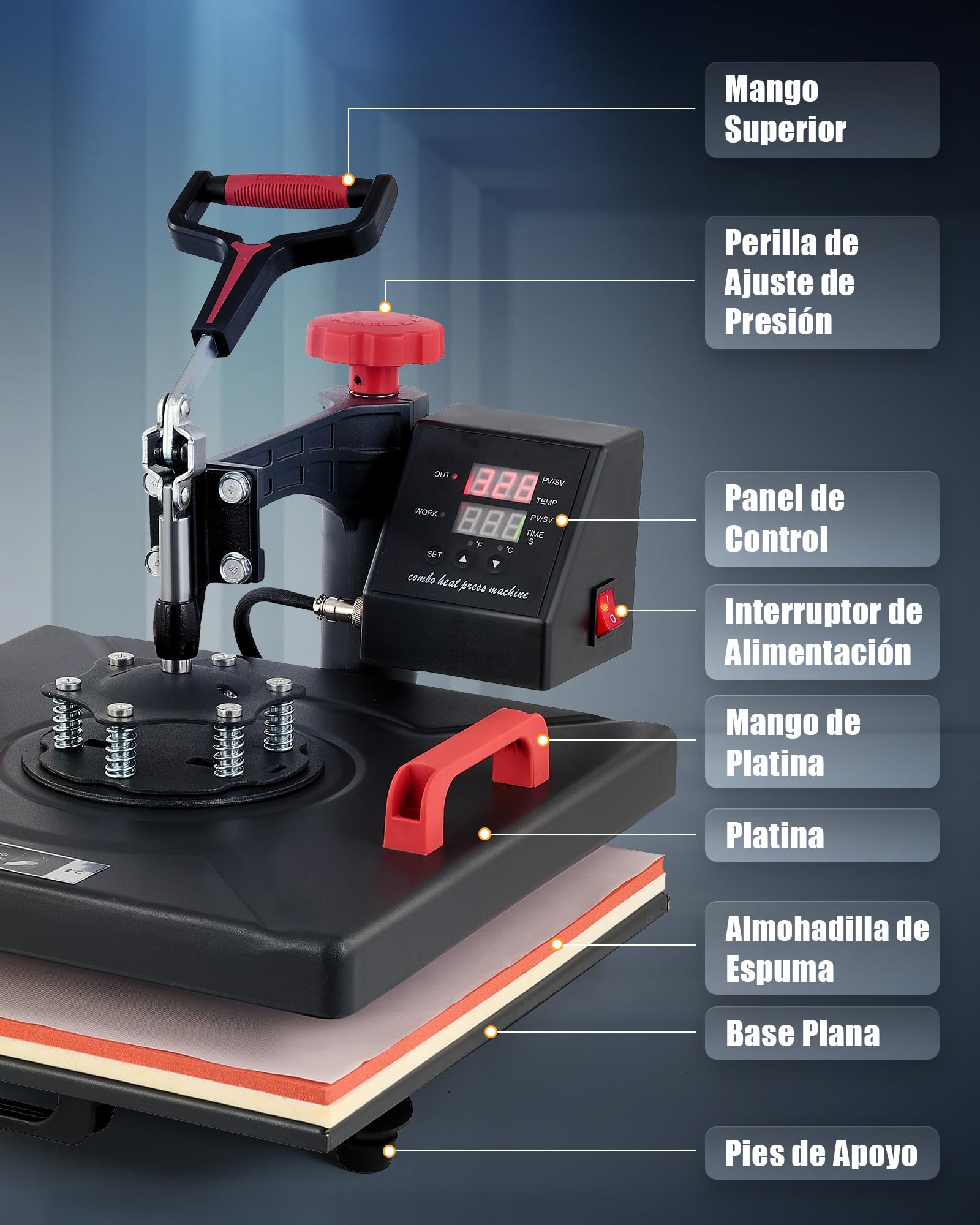 CREWORKS Prensa de Calor 38x38 cm, Maquina de Sublimacion 8 en 1 con Panel de Control Digital, Prensa de Calor Multifuncional con Giro de 360° para Camisetas, Tazas, Gorras, Platos y Más