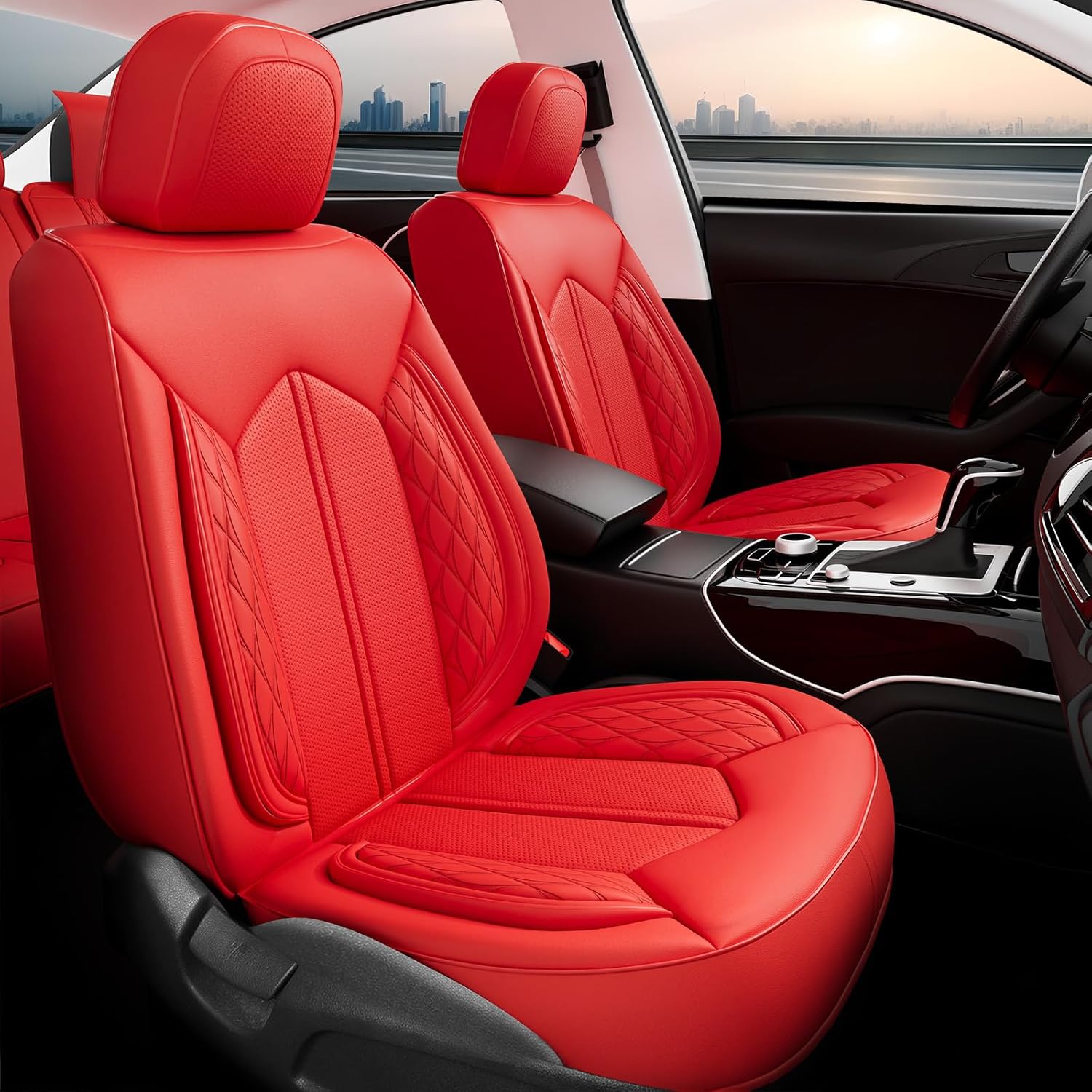 FREESOO Car Seat Covers Full Set, Breathable Faux Leather Seat Covers for Cars, Automotive Universal Seat Cover Protector Fit for Most Sedan SUV Pick-up Truck(Red) Full-Set Red