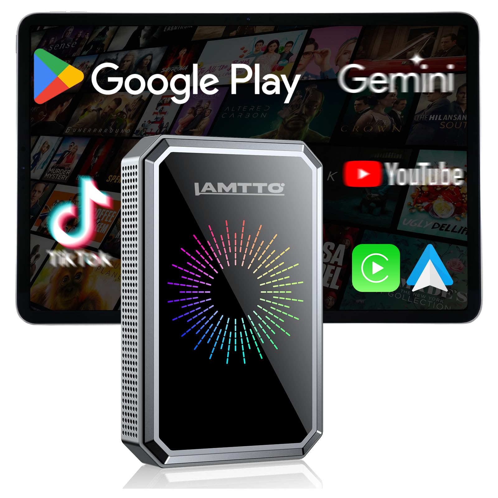 LAMTTO Adaptador CarPlay Inalámbrico AI Box con Google Play Store, Descarga de Apps y Gemini AI, CarPlay y Android Auto Inalámbricos, Netflix YouTube HDMI AirPlay Reproducción USB WiFi Doble Banda OTA