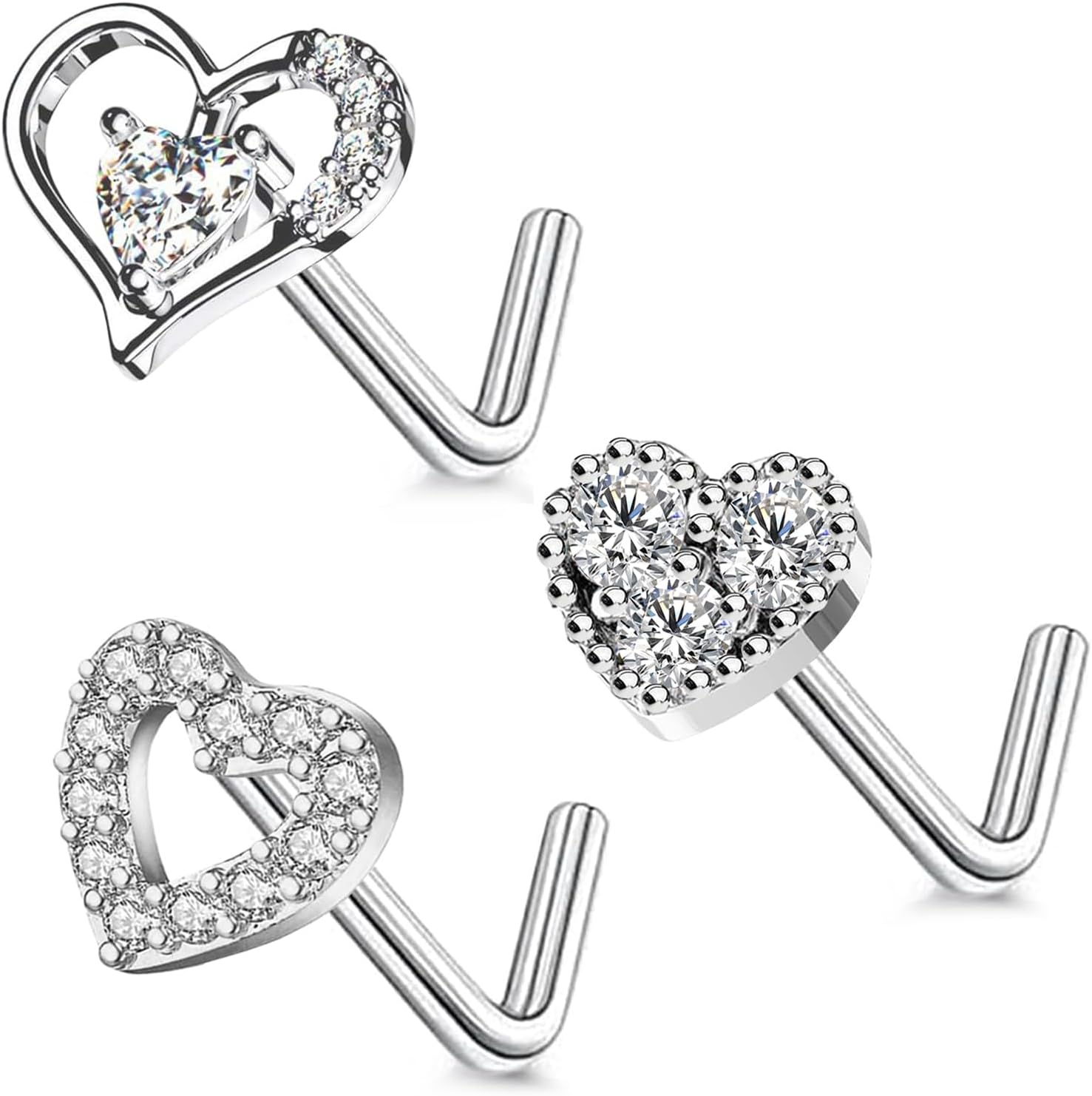 3Pcs 20G Heart Nose Rings 316L Stainless Steel L Shaped CZ Nose Studs Nose Rings Nose Piercing Jewelry for WoLaseredmen Men