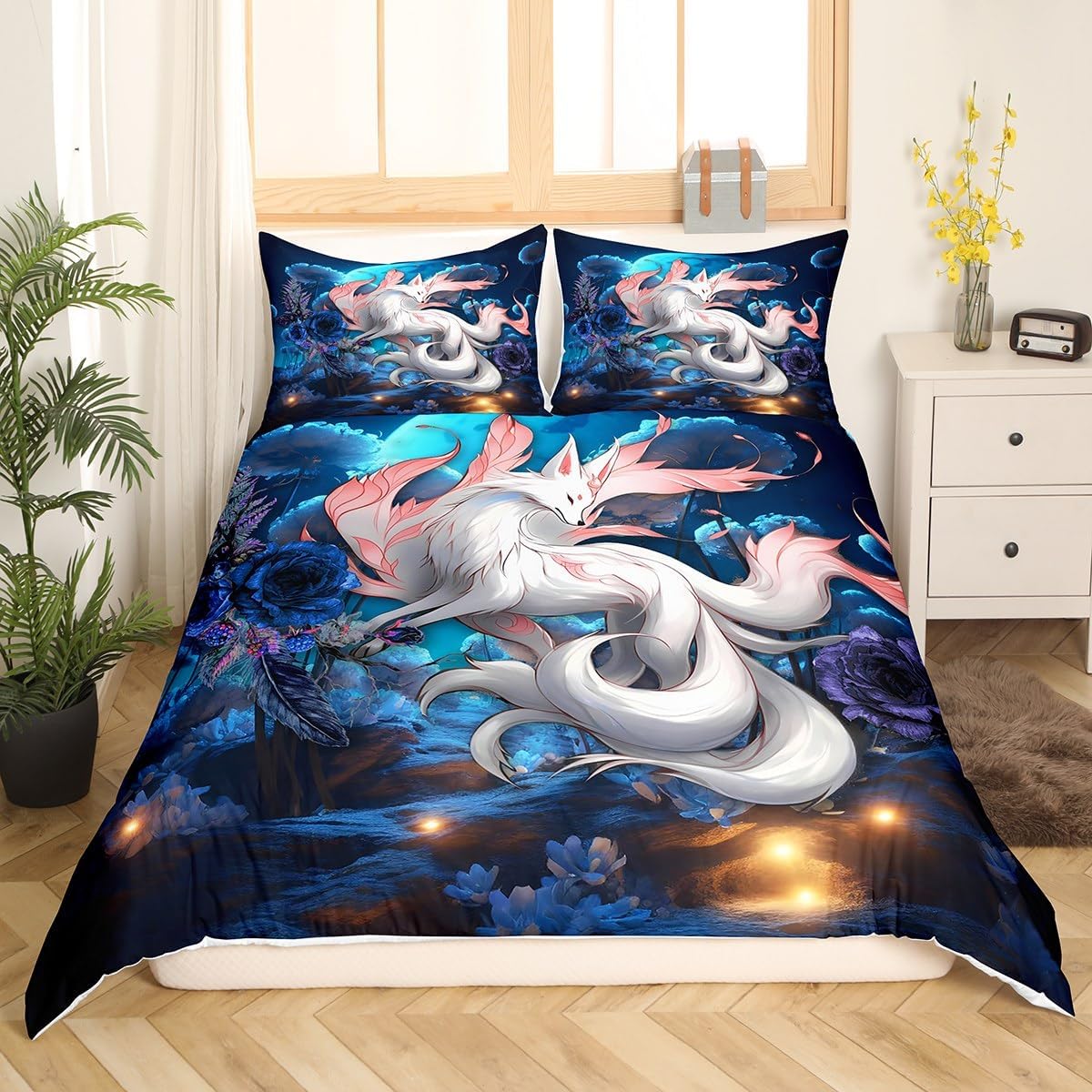 Japanese Ukiyoe Bedding Set White Fox Blossoms Floral Duvet Cover for Kids Boys Girls Galaxy Exotic Animal Comforter Cover Japanese Decor Dreamy Bedspread Cover Bedroom Collection 2Pcs Twin Size