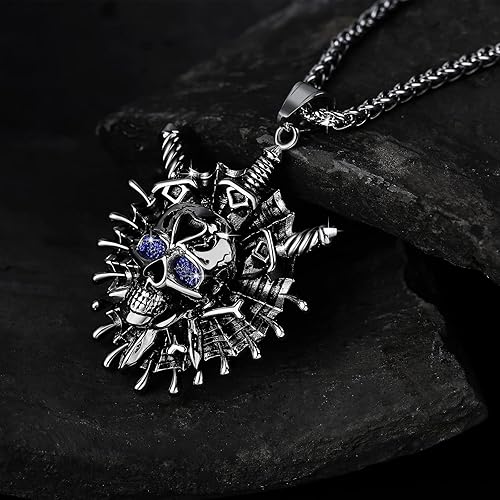 Miniatura 2 de YAMI Skull Necklace Viking Pirate Pendant Titanium Steel, God of War Sword Dagger Skeleton Axe, Norse Cool Goth Halloween Large Chunky Grunge Retro