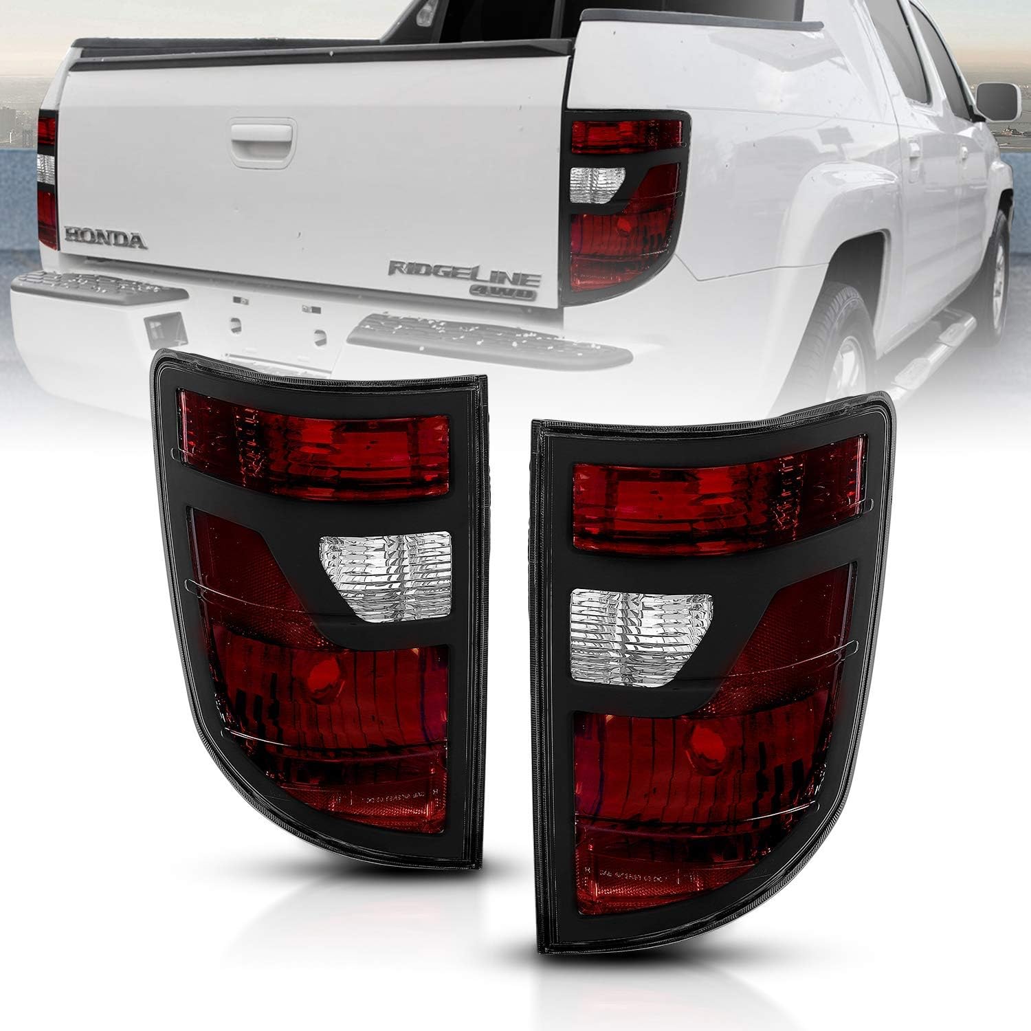 AmeriLite for 2006-2008 Honda Ridgeline Black Bezel Midnight Red OE-Style Replacement Tail Light Assembly - Driver and Passenger Side