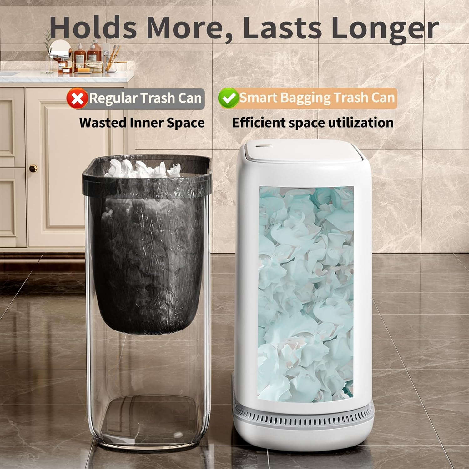 Small Bathroom Trash Can with Lid, 3 Gallon Slim Garbage Bin with Pop-Up Lid & Air-Pressure Bag Lock, Mini Waste Basket for Bathroom, Bedroom, Kitchen, Office, Rv, White - Includes 75 Bags (5 Rolls) - Image 3