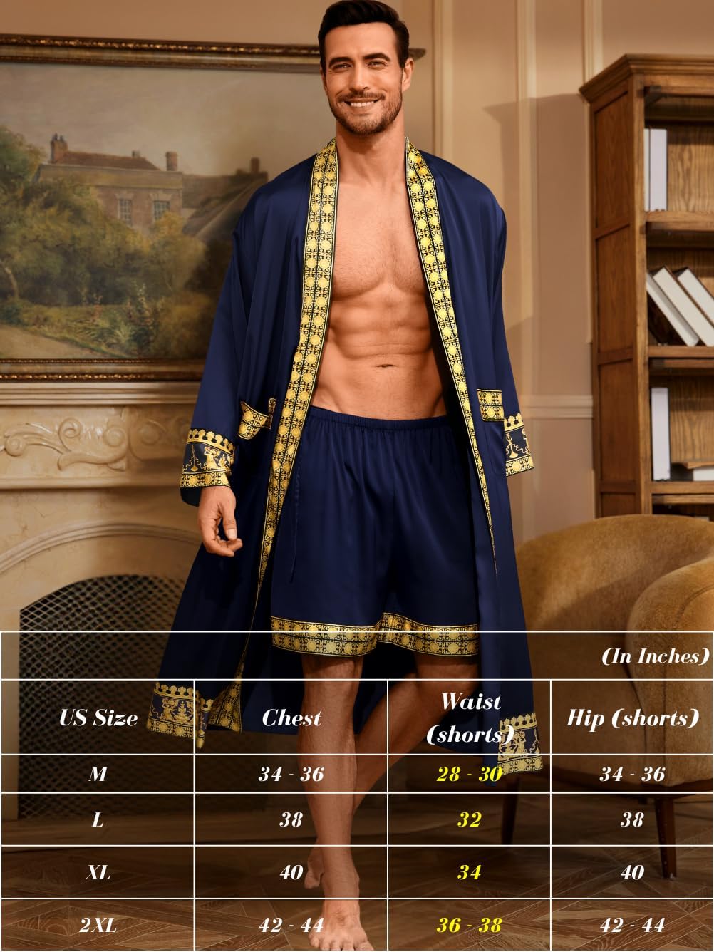 Men's Luxury Silky Robe & Shorts Set, 2PC Lightweight Satin Pajamas with Pockets, Opulent Baroque Kimono Gifts - Image 6