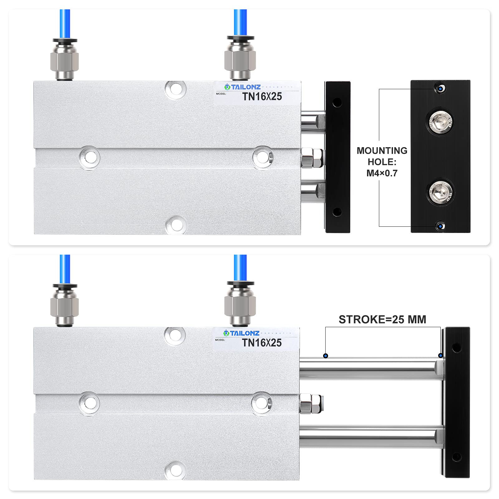 TAILONZ PNEUMATIC 16mm Bohrung 25mm Hub Doppelstange Doppeltwirkend Aluminium Druckluftzylinder TN16-25