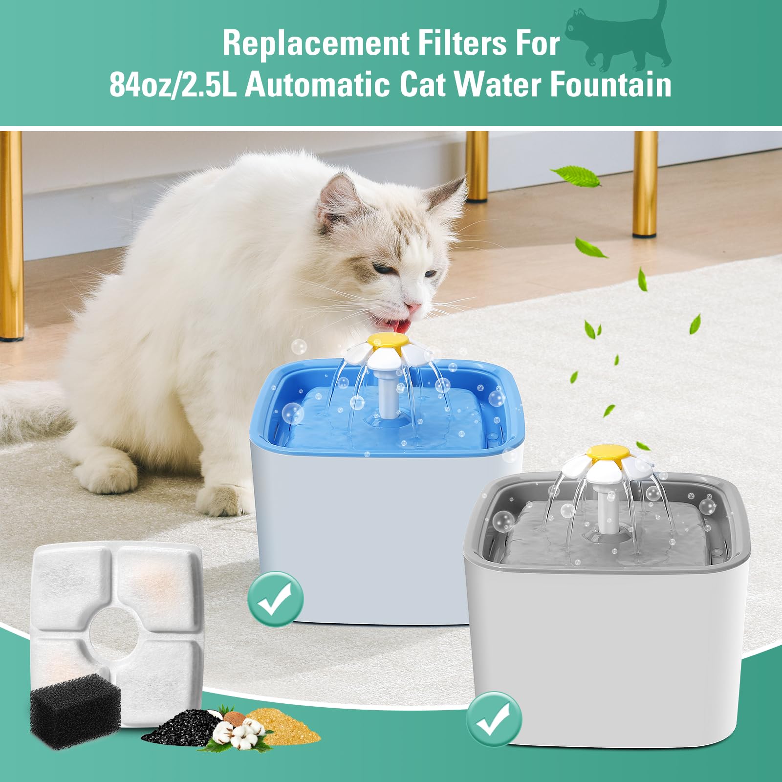 Paquete de 8 filtros de repuesto y 8 esponjas de prefiltro para fuente automática de mascotas de 84 onzas/2.5 L, filtro de fuente de agua BFLICROY para gatos, filtros de repuesto de fuente de mascotas