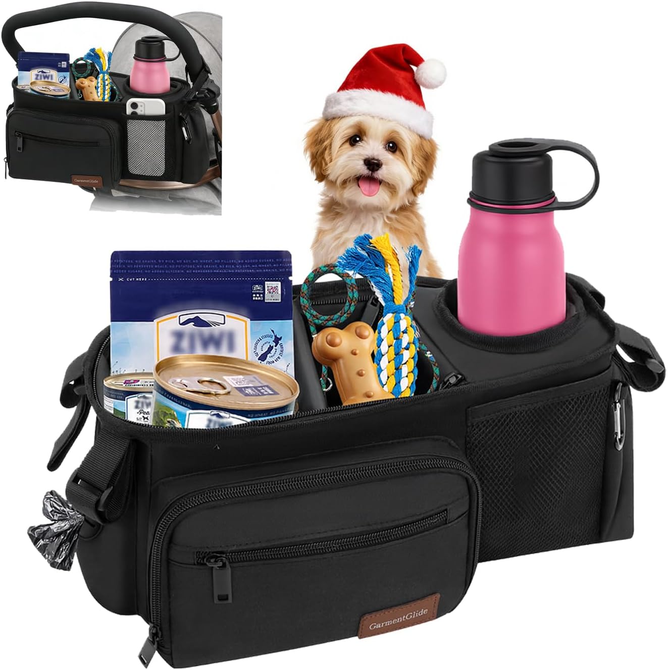 Dog Stroller Organizer Bag, Dog Mom Gifts for Women Pet Stroller Caddy, Stroller Accessories with Cup Holder, Poop Bag Dispenser, Pockets for Dog Essentials, Fits 14–19" Handles, Dog Mom Gift Ideas
