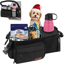 Dog Stroller Organizer Bag, Pet Stroller Caddy with Insulated Cup Holder | Fits 1419" Handles, Treat Pocket, Poop Bag Dispenser & Multiple Pockets for Dog Stroller Accessories, Dog Mom Gift Ideas