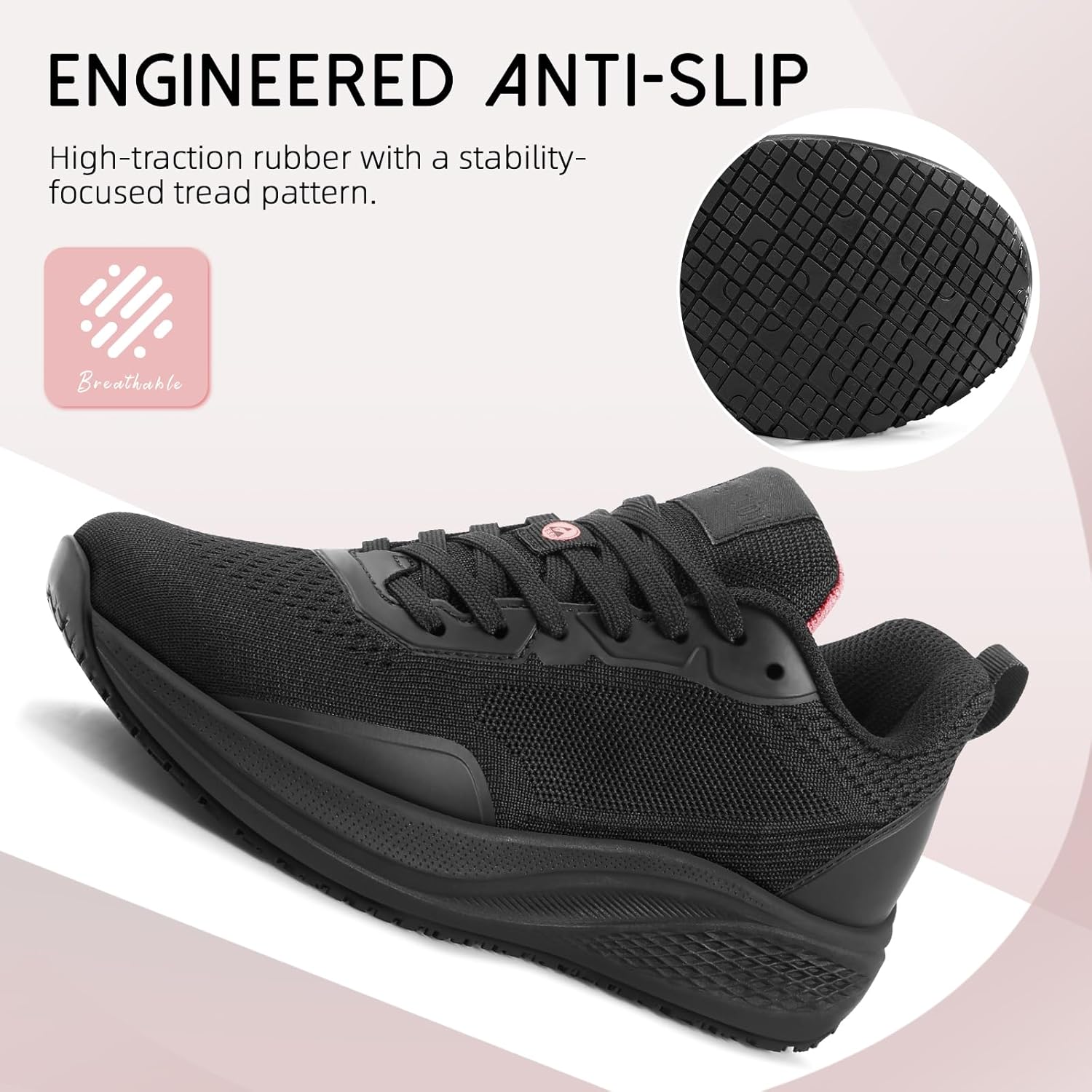 Non Slip Work Shoes for Women - Water Resistant, Breathable, Anti Static, Comfortable Shoes for Restaurant Food Service, Chef Kitchen, Hospital & Industrial, Black Pink Size 6-11 - Image 3