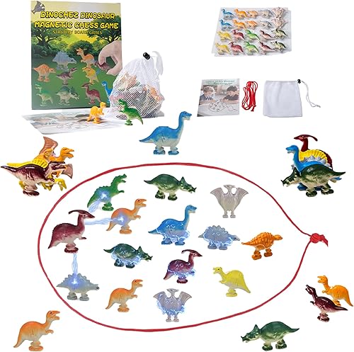 Juego de ajedrez magnético 2025, juego magnético de dinosaurios para niños, juego de ajedrez 20 piedras de dinosaurio, 1 cuerda y 1 bolsa de