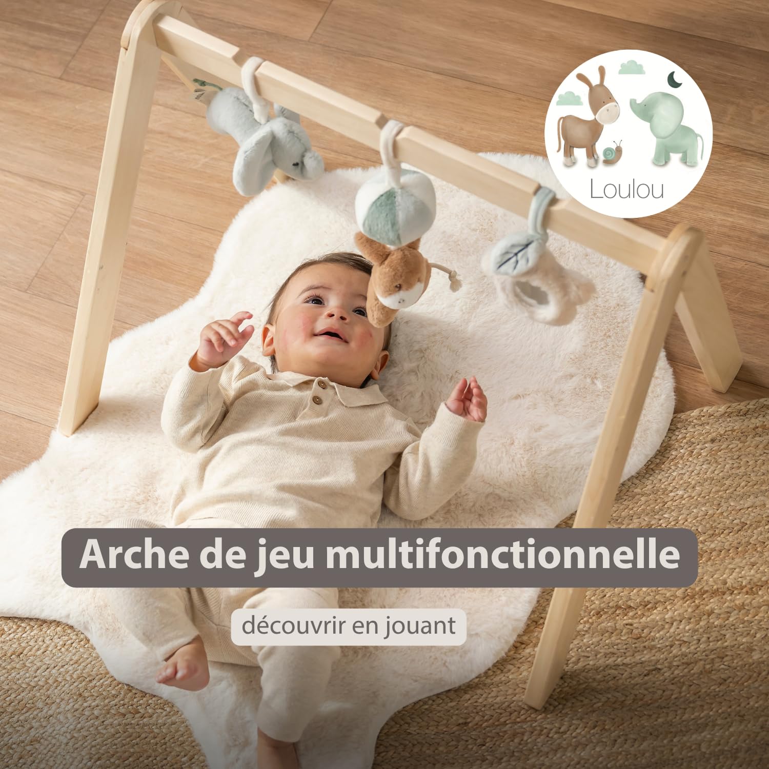 Nattou LouLou Montessori Zabawka Bow Baby - Łuk do aktywności z drewna - Rozwój sensoryczny i motoryczny u niemowląt - 60 x 50 x 47 cm - Miękkie kolory - Zielony - Beżowy - Ecru