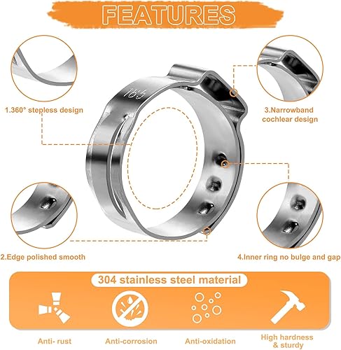 Miniatura 5 de 120 abrazaderas de manguera de oreja única de acero inoxidable 304, 11 tamaños, 0.236-1.303 in, kit surtido de anillos de cincha sin escalones con