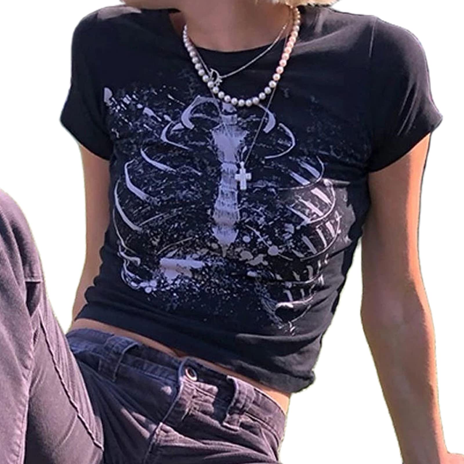 Womens Y2K Print Crop Tops Cute Kawaii Punk Graphic Summer Short Sleeve Tee T-Shirts E-Girls Teen Clothes Streetwear