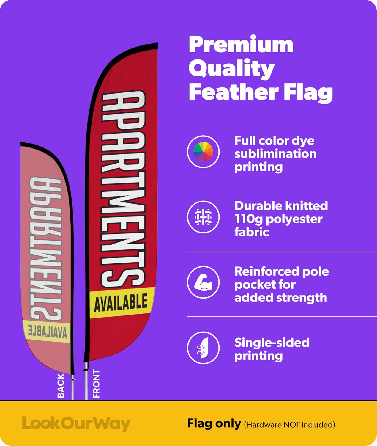 LookOurWay Feather Flag Banner - 12 Feet Tall Advertising Flags for Outside Business and Events Promotion - Swooper Flag Only - Real Estate Flags - Apartments Available (10M1200304)