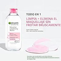 Vista 3 de Agua micelar limpiadora Garnier, desmaquillante todo en uno y limpiador facial, para todo tipo de piel, 3.4 onzas líquidas (100mL), 1 unidad