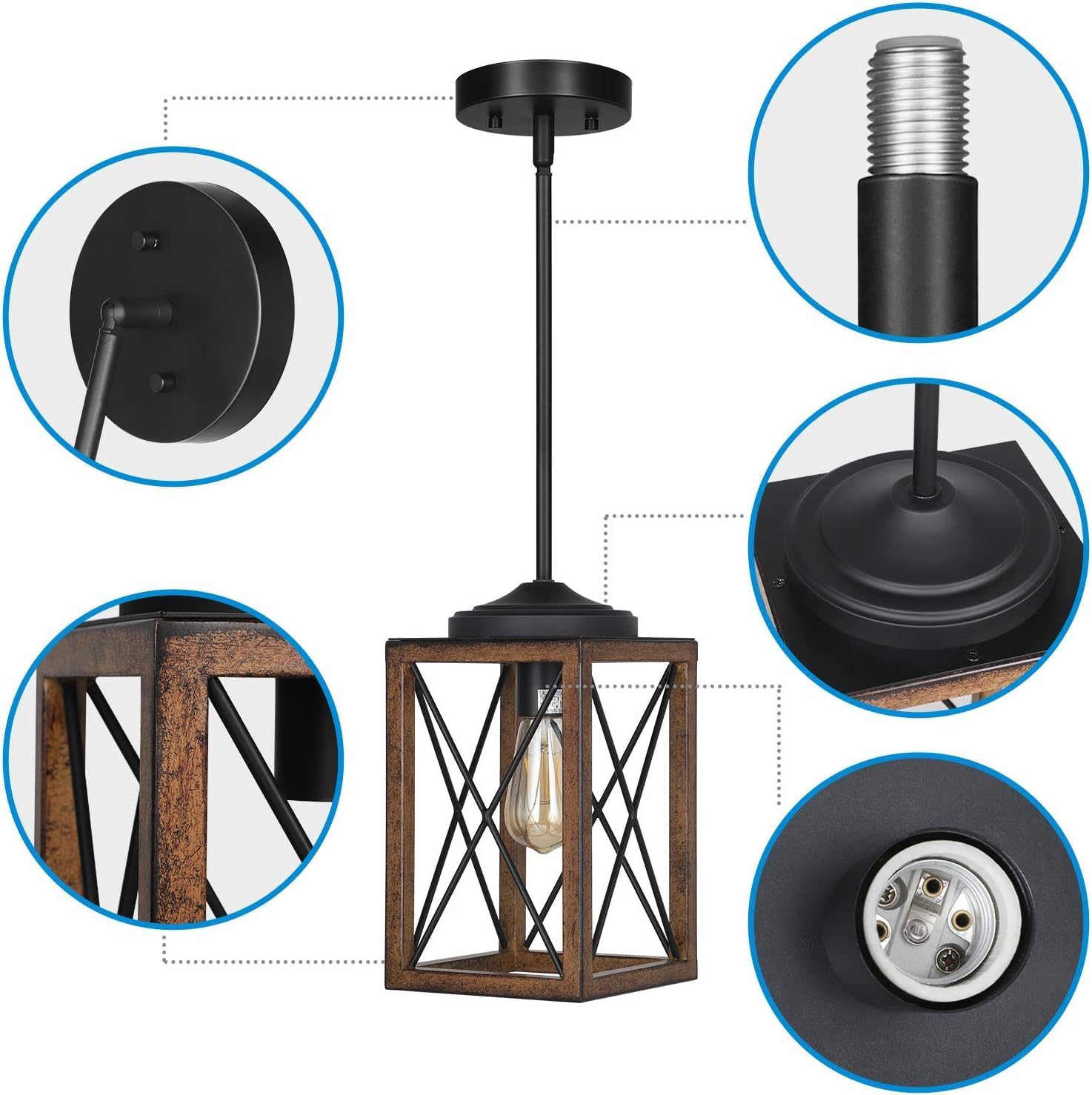 DEWENWILS Farmhouse Pendant Light, Metal Hanging Light Fixture with Wooden Grain Finish, 48 Inch Adjustable Pipes for Flat and Slop Ceiling, Kitchen Island, Bedroom, Dining Hall, E26 Base