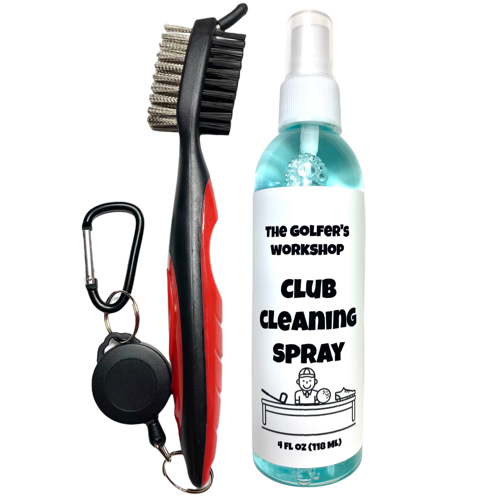 4oz Club Cleaning Spray and Golf Club Brush with Groove Cleaner, 2ft Retractable Zip-line, Carabiner Clip