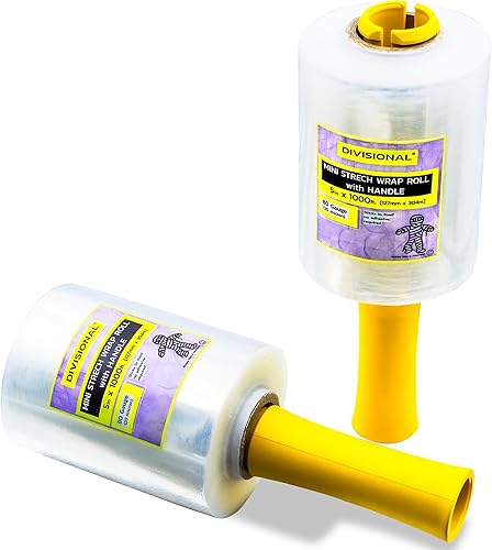 DIVISIONAL Mini rollo de envoltura elástica con asa, paquete de 2 unidades de cada rollo de 5 pulgadas x 1000 pies, transparente calibre 80,