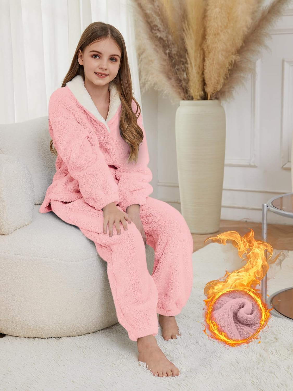 Muchpow Girls Fuzzy Pants Set Winter Flannel Pullover Cozy Fleece Fluffy Sweatshirt Top Pants Sweatsuit 2 Piece Outfit - Image 5