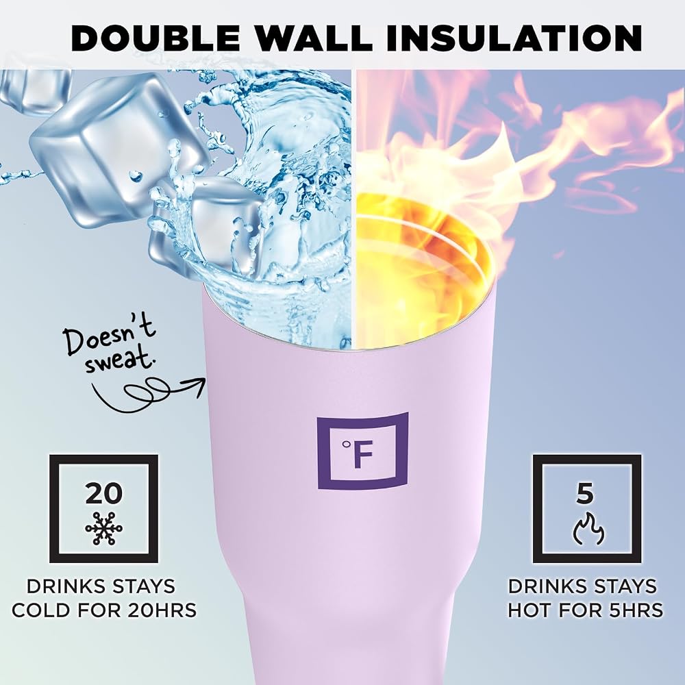 IRON °FLASK Sidekick Insulated Water Tumbler w/Straw & Foldable Handle -Stainless Steel Leak-Proof Bottle, Non-Slip Base, Fits Cup Holders for Hot, Cold Drinks -Travel Mug -30 Oz, Lavender Bliss