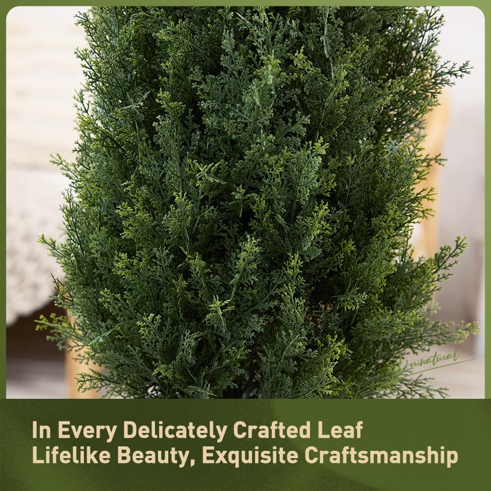 VeriNatural Artificial Cedar Topiary Trees for Outdoors 4ft Fake Cypress Plants with White Taper Planter, Faux uv Resistant Plants for Home Front Porch Decor, Set of 1