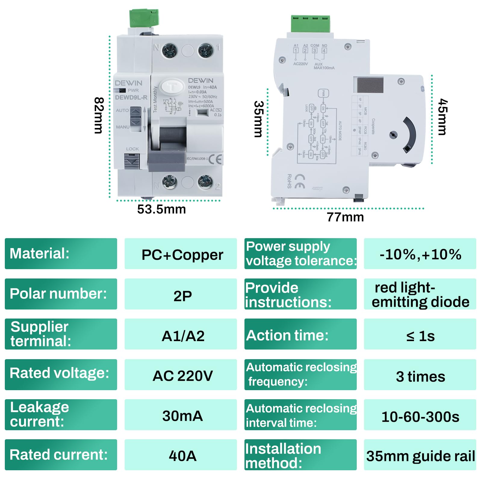 Interruttore Magnetotermico Differenziale 2Poli Salvavita con Riarmo Automatico, Differenziale Riarmo Automatico RCCB Interruttore differenziale AC220V 40A 30mA DEWD9L-R