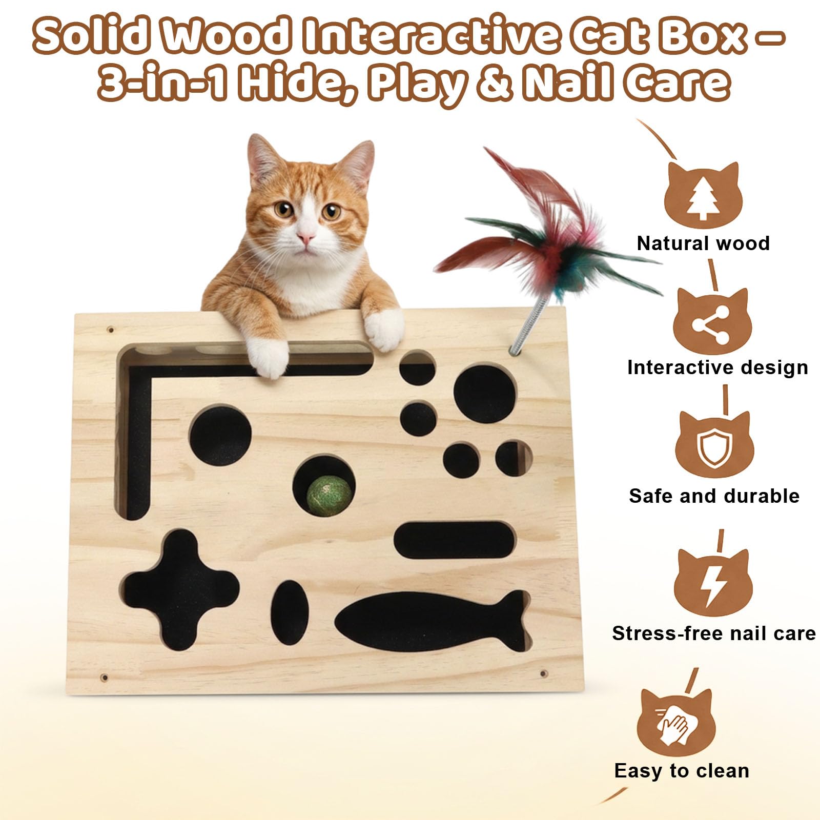 Lima per unghie 3 in 1 per gatti, scatola interattiva per gatti, in legno massello, con palline di erba gatta e rompicape, giocattoli per gatti per la cura e l'arricchimento delle unghie