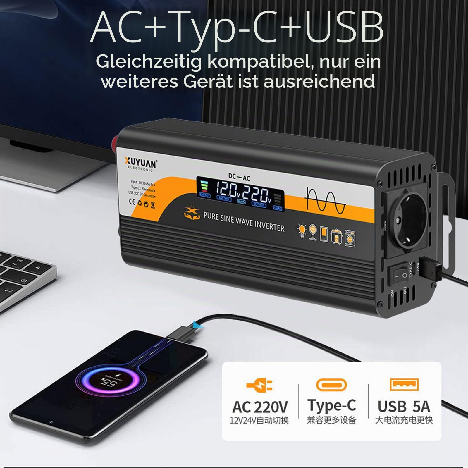 800W Wechselrichter 12v&24v auf 220V Reiner Sinus Wechselrichter, Spannungswandler mit 1 EU-Steckdose & 1 USB Port Stromwandler, LCD-Bildschirmanzeige, 5V/3A USB-Anschluss für LKW,Zuhause