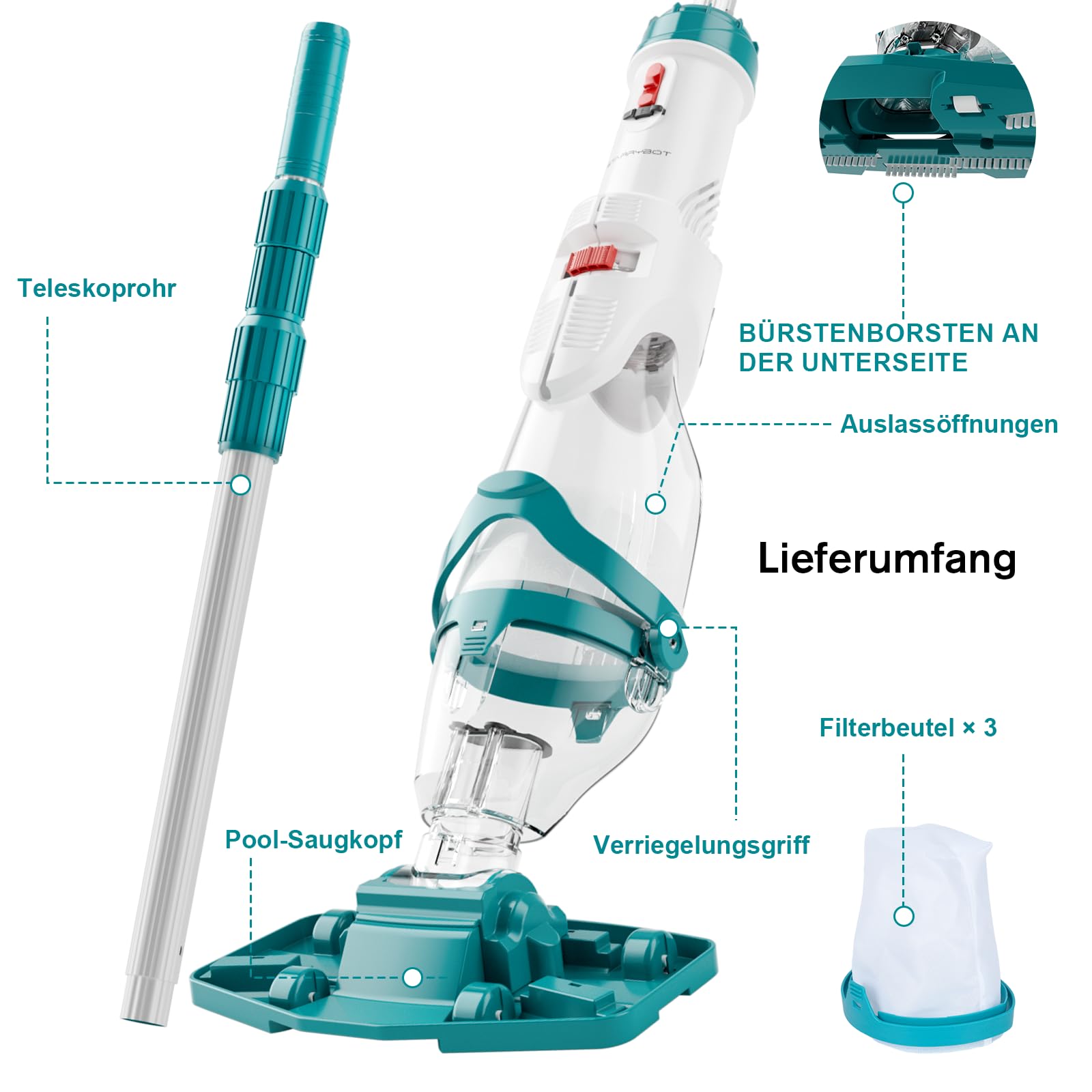 STARRYBOT Poolsauger Akku mit Teleskopstange, kabelloser Hand-Poolsauger mit 2 Reinigungsmodi, 72 l/min, 3 Filterbeutel, 60 Min Laufzeit, für Aufstellpool, Whirlpool & Spa, Blau